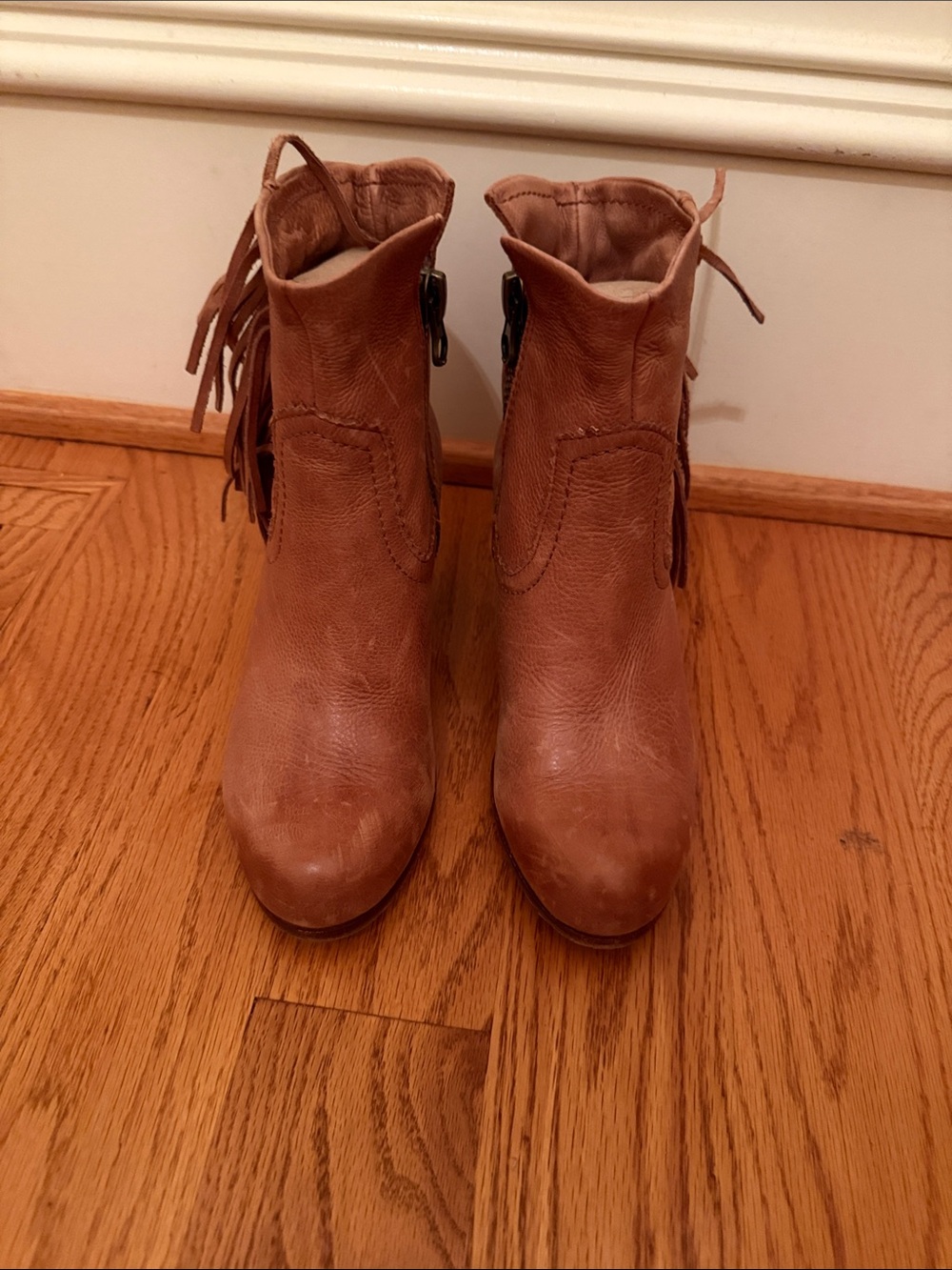 Sam Edelman Louie Cognac Brown Fringe Leather Ankle Boots Size 7